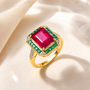 fissure filled ruby emerald and white zircon emerald cut halo ring in 18k vermeil yellow gold over sterling silver live studio