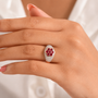 red spinel and moissanite floral cluster ring in 18k vermeil rose gold and rhodium over sterling silver on hand model