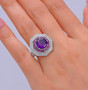 amethyst rhodolite and white zircon deco double halo ring in rhodium over sterling silver worn on a hand