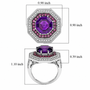 amethyst rhodolite and white zircon deco double halo ring in rhodium over sterling silver shown for size comparison