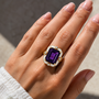 amethyst and moissanite white enamel ring in 18k vermeil yellow gold over sterling silver on hand model