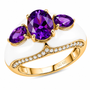 amethyst and white zircon three stone ring with white enamel work in 18k vermeil yellow gold over sterling silver front angle
