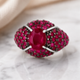 fissure filled ruby cocktail cluster ring in white and black rhodium over sterling silver live studio