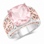 rose quartz cushion cut solitaire scroll work ring in two tone 14k rose gold and rhodium over sterling silver front angle