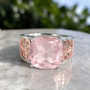 rose quartz cushion cut solitaire scroll work ring in two tone 14k rose gold and rhodium over sterling silver front live studio