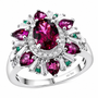 rhodolite garnet paraibia tourmaline and moissanite ring in rhodium over sterling silver front
