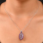rhodolite garnet yellow sapphire and white zircon marquise shaped cluster pendant necklace in rhodium over sterling silver on model