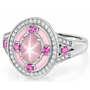 star rose quartz pink sapphire conch shell inlay and white zircon halo ring in rhodium over sterling silver angled