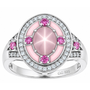 star rose quartz pink sapphire conch shell inlay and white zircon halo ring in rhodium over sterling silver front
