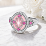 star rose quartz pink sapphire conch shell inlay and white zircon halo ring in rhodium over sterling silver live studio