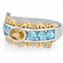 yellow blue and white zircon band ring in two tone 18k vermeil yellow gold and rhodium over sterling silver angled