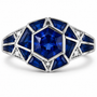 lab created blue sapphire and white zircon mosaic ring in rhodium over sterling silver flat lay
