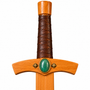 handmade wooden sword with real wrapped leather hilt and green aventurine cabochons hilt close up
