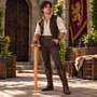 handmade wooden sword with real wrapped leather hilt and green aventurine cabochons lifestyle model