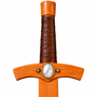 handmade wooden sword with real wrapped leather hilt and howlite cabochons hilt close up