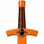 handmade wooden sword with real wrapped leather hilt and black obsidian cabochons hilt close up