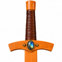 handmade wooden sword with real wrapped leather hilt and labradorite cabochons hilt close up
