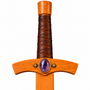 handmade wooden sword with real wrapped leather hilt and amethyst cabochons hilt close up