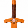 handmade wooden sword with real wrapped leather hilt and rose quartz cabochons hilt close up