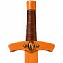 handmade wooden sword with real wrapped leather hilt and tiger eye cabochons hilt close up