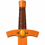 handmade wooden sword with real wrapped leather hilt and yellow aventurine cabochons hilt close up