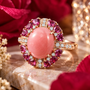 peruvian pink opal rhodolite garnet and white zircon ring lifestyle view