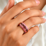 red zircon and pink sapphire multi row band ring in 18k vermeil rose gold over sterling silver on hand model