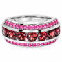 red zircon and pink sapphire multi row band ring in rhodium over sterling silver example