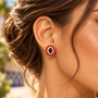 red and white zircon with red enamel floral stud earring in 18k vermeil yellow gold over sterling silver on ear model