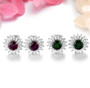 close up of rhodolite garnet and white zircon halo stud earrings in rhodium over 925 sterling silver