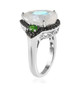 side view of moonstone chrome diopside and black spinel pear halo ring in rhodium over sterling silver