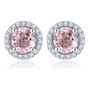 pink tourmaline and white zircon round halo stud earrings in rhodium over sterling silver