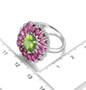 pink tourmaline peridot and zircon halo cluster ring in rhodium over sterling silver shown for size comparison