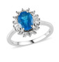neon blue apatite and white zircon halo ring in rhodium over sterling silver