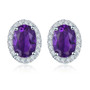 full view of rhodolite garnet and white zircon 7x5mm oval halo earrings in rhodium over sterling silver
