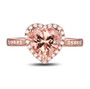 front view of morganite heart and diamond halo ring in 14k rose gold