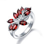 garnet leaf cluster ring in rhodium over sterling silver
