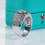 side view of mens moissanite halo bling ring in rhodium over sterling silver