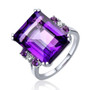 front view of amethyst and emerald cut and diamond ring in 14k white gold