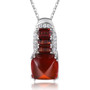 front view of hessonite red cabochon garnet and zircon sugar loaf pendant necklace in rhodium over sterling silver