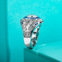full view of vintage inspired moissanite and blue cz ring in rhodium over sterling silver