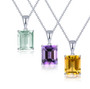 full view of amethyst and emerald cut solitaire pendant necklace in rhodium over sterling silver