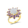 purple and white cubic zirconia halo ring in 18k yellow gold over sterling silver