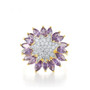 front view of purple and white cubic zirconia halo ring in 18k yellow gold over sterling silver