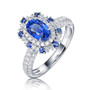 sapphire and diamond double halo ring in 18k white gold