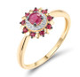 ruby and diamond halo ring in 14k yellow gold