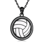 white enamel volleyball necklace with cz halo in black rhodium over sterling silver