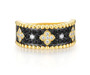 front view of black spinel and cubic zirconia band ring in black rhodium and 18k yellow gold over sterling silver