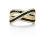 front view of black spinel and cubic zirconia crossover ring in black rhodium and 18k yellow gold over sterling silver