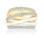 front view of cubic zirconia and white enamel crossover ring in 18k yellow gold over sterling silver
